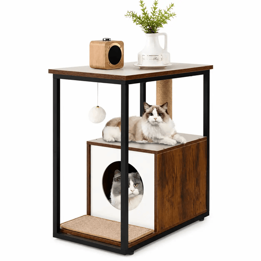 The Rustic Retreat Cat End Table; black metal frame, natural wood top, two cats on top and in the cubby.