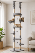 Charger l'image dans la visionneuse de la galerie, Adjustable light-grey 7-tier cat climbing tower with plush platforms and sisal-wrapped posts, plus a hanging ball toy.

