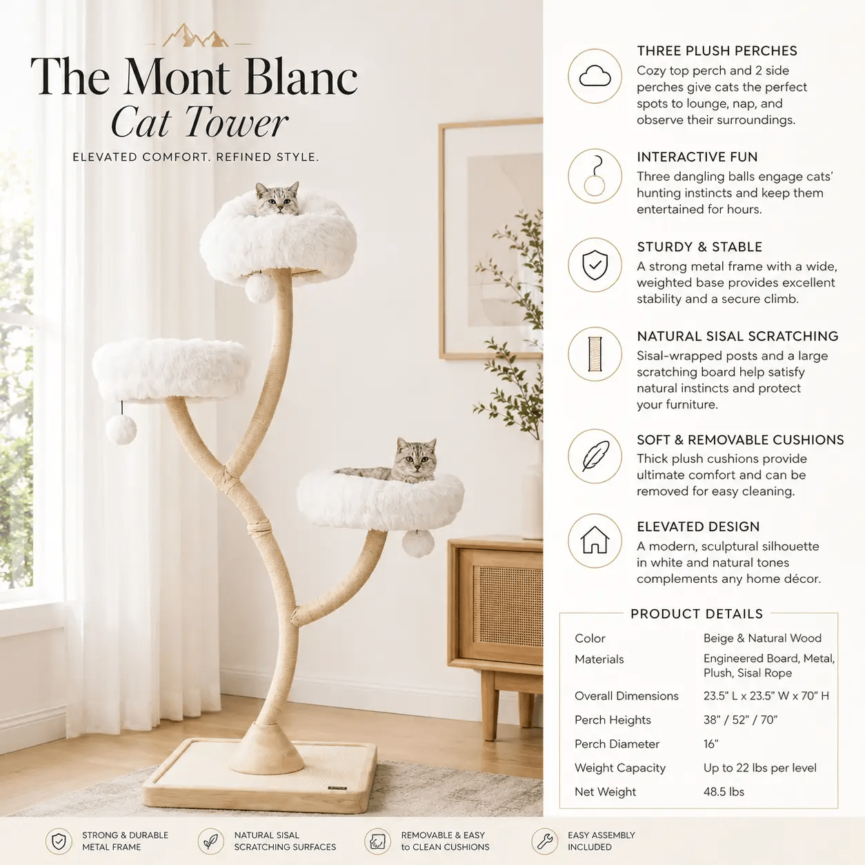 The Mont Blanc Cat Tower, beige sisal cat tree with three plush white perches on a curved trunk and wood base.