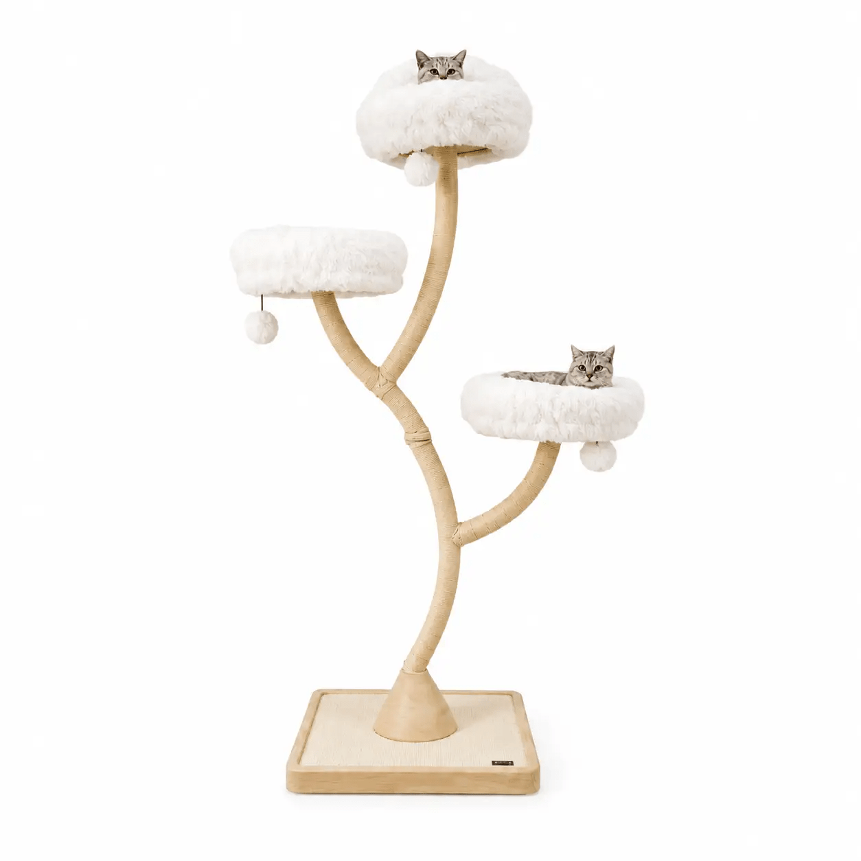 The Mont Blanc Cat Tower by For Animals, With Love, beige trunk with three cream fluffy platforms, two cats resting.