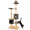 Load image into Gallery viewer, The Smoky Ridge Cat Tower, a 75-inch six-tier wooden cat tree with sisal-wrapped posts and gray fabric platforms.
