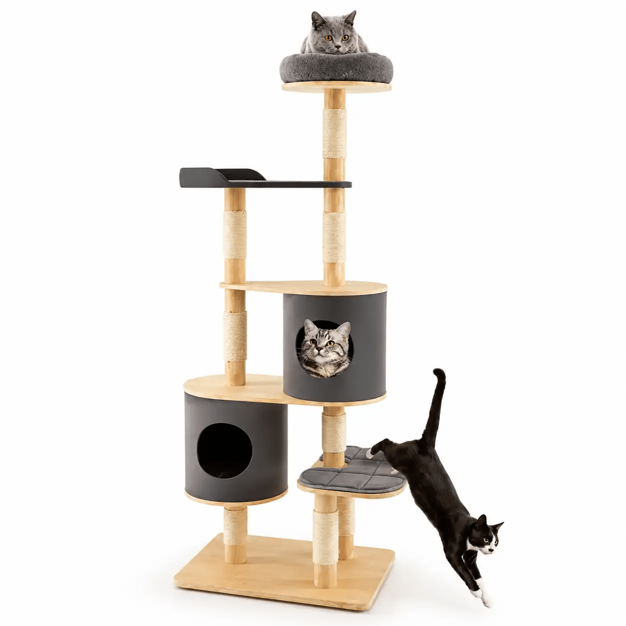 The Smoky Ridge Cat Tower, a 75-inch six-tier wooden cat tree with sisal-wrapped posts and gray fabric platforms.