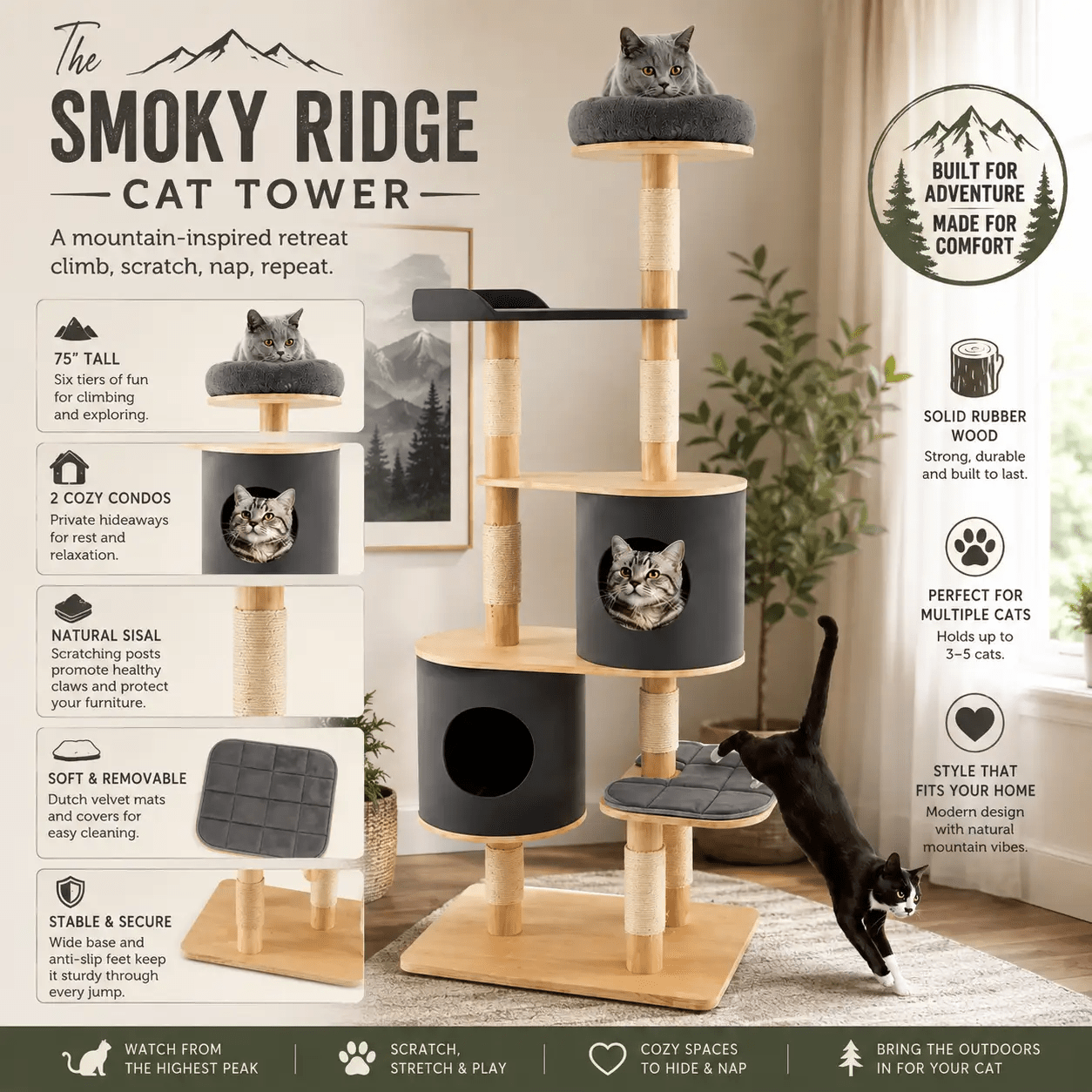 The Smoky Ridge Cat Tower, 75 inches tall, six-tier wooden cat tree with natural wood and gray cushions.