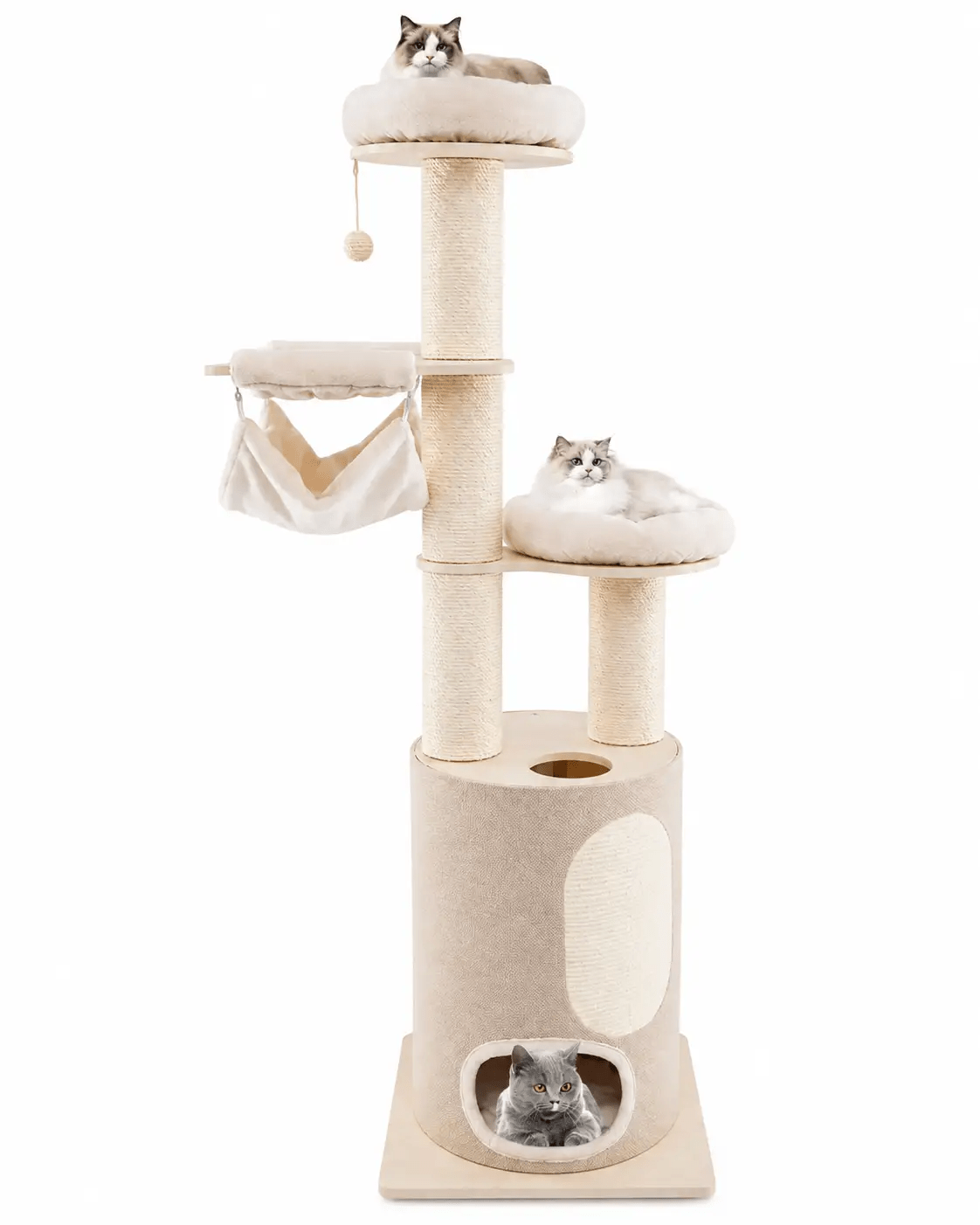 The Vanilla Clouds 74-Inch Cat Tower, beige plush cat tree with sisal posts, hammock, bottom cubby, and three cats.