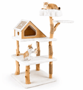 Bild in Galerie-Betrachter laden, The Pearwood Manor Cat Tree by For Animals, With Love: natural wood posts, white plush platforms, two orange cats.
