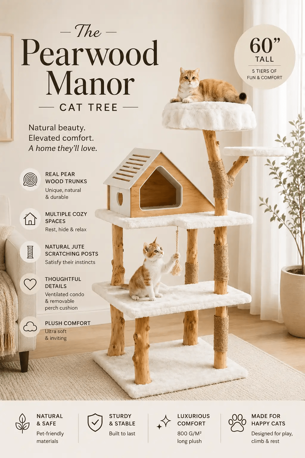 The Pearwood Manor Cat Tree, natural pear wood trunks with plush white platforms, 5 tiers, 60-inch tall