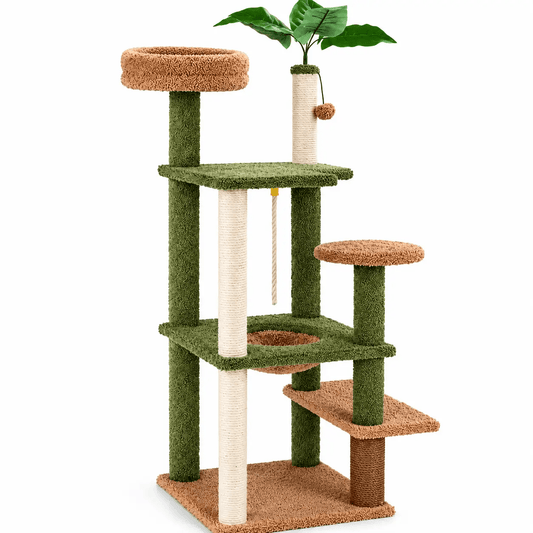 The Fern & Feline Cat Tower, green and beige cat tree with sisal posts and multiple perches.