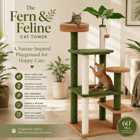 The Fern & Feline Cat Tower, a 60-inch green and beige cat tree with sisal posts by For Animals, With Love.