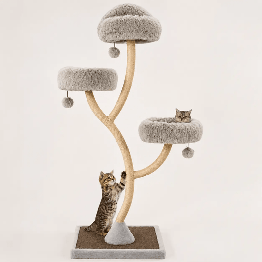 70 Inch tall gray cat tree with 4 tiers and 3 plush perches, dangling balls, two kittens.
