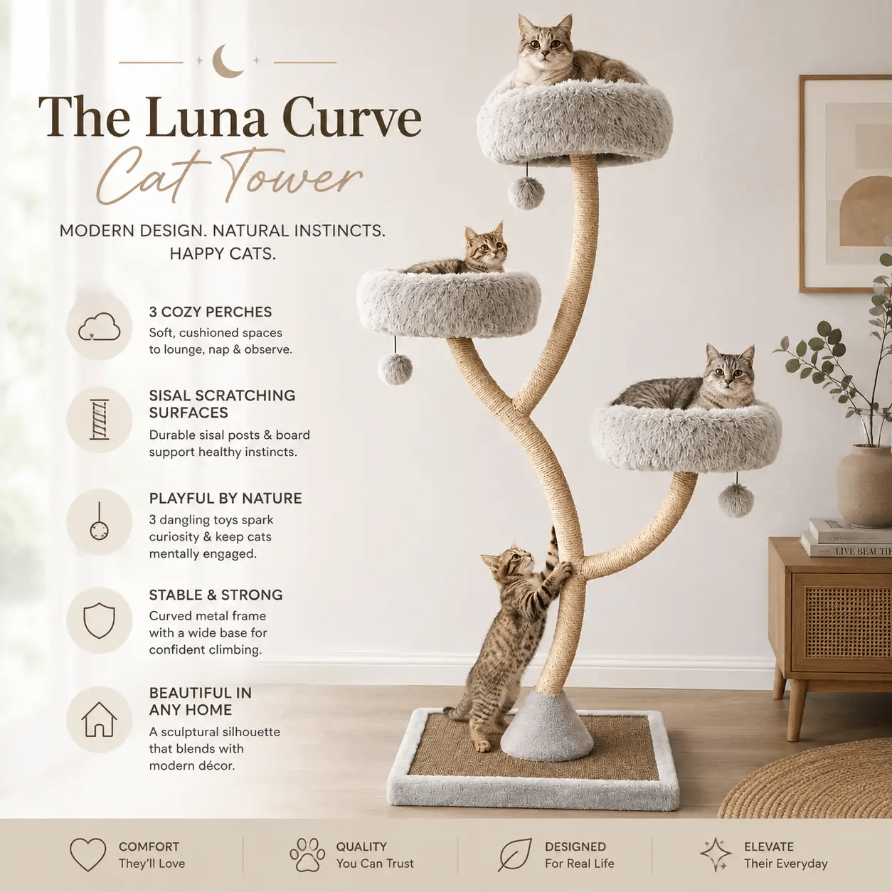 Cat Tree 70-Inch Luna Curve in gray with 4 levels, 3 plush perches and dangling balls