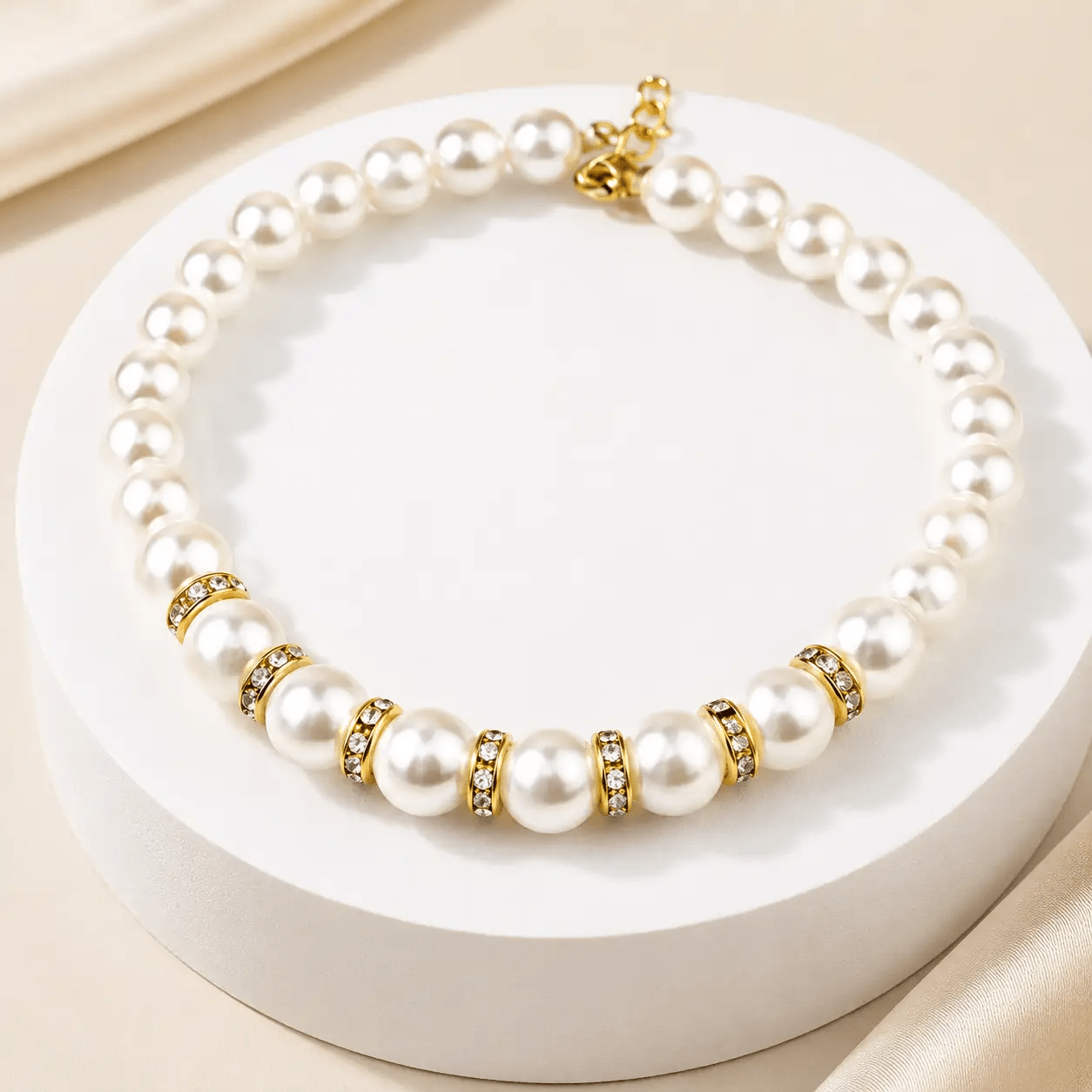 The Pearl & Crystal Pet Necklace for pets with white pearls, gold-tone spacers, and crystal accents.