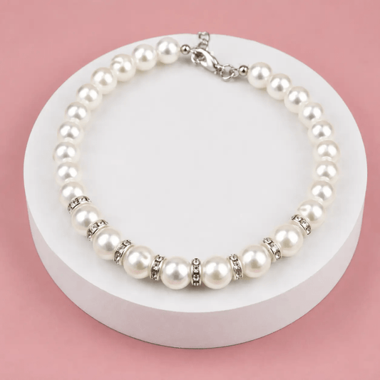 The Pearl & Crystal Pet Necklace with white pearls and crystal spacers, silver clasp