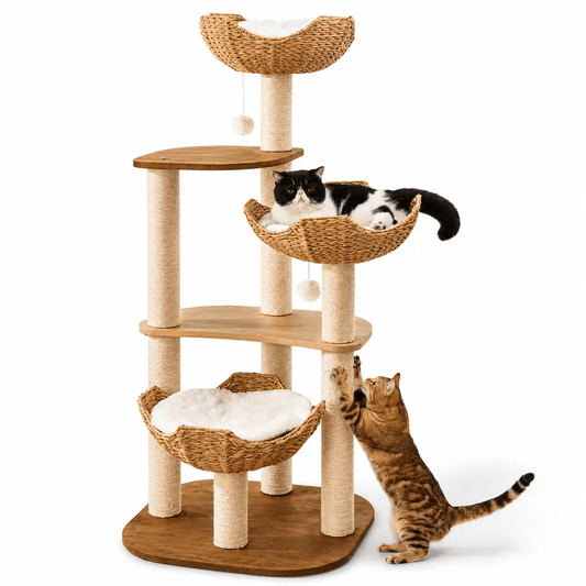 The Cloud Perch Modern Cat Tree by For Animals, With Love; wicker baskets, natural sisal posts, two cats.