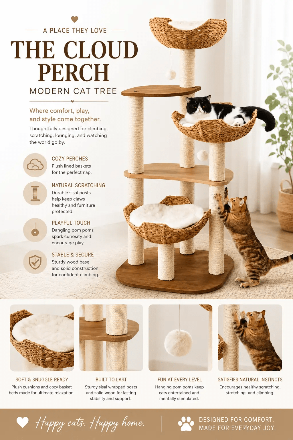 The Cloud Perch Modern Cat Tree by For Animals, With Love in natural wood and beige sisal with woven baskets