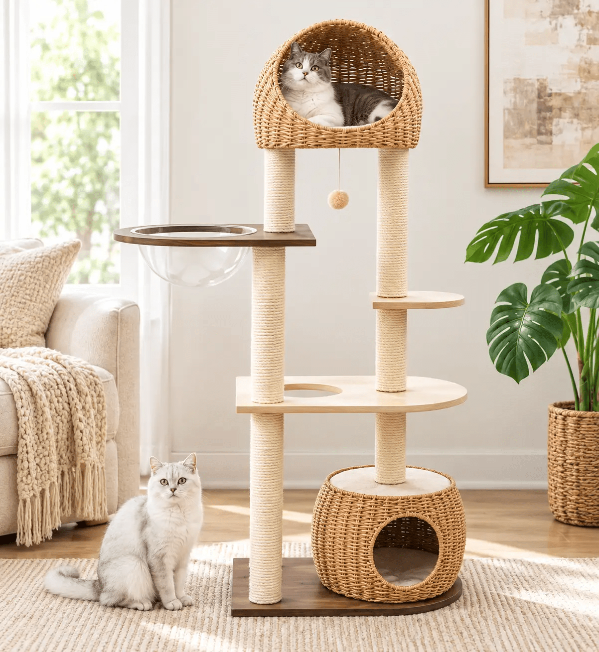 The Sorrento Cat Tower by For Animals With Love, natural rattan/wood multi-level cat tree; 2 cats.