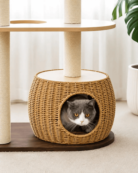 The Sorrento Cat Tower, a rattan and wood multi-level cat tree with a round woven cave, housing a gray and white cat.