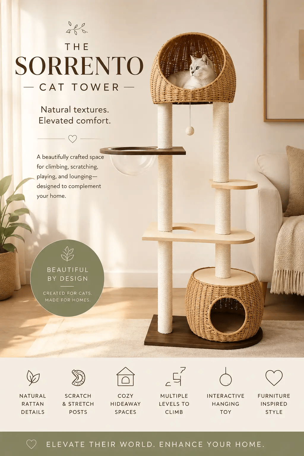 The Sorrento Cat Tower, rattan and wood multi-level cat tree with woven basket