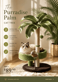 Gallery viewerに画像を読み込む, The Purradise Palm Cat Tree by For Animals, With Love; green circular perch, sisal trunk, hanging toy, cat lounging.
