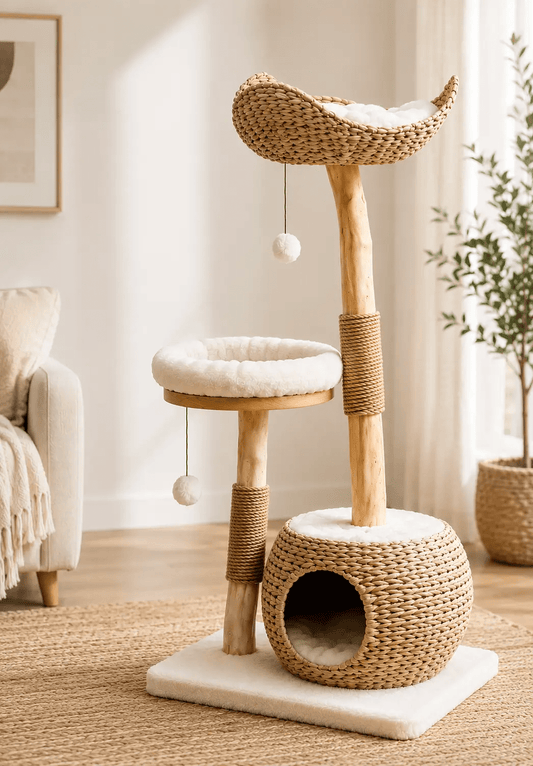 The Natural Haven Modern Cat Tree in natural wicker with white plush cushions and rope-wrapped posts.