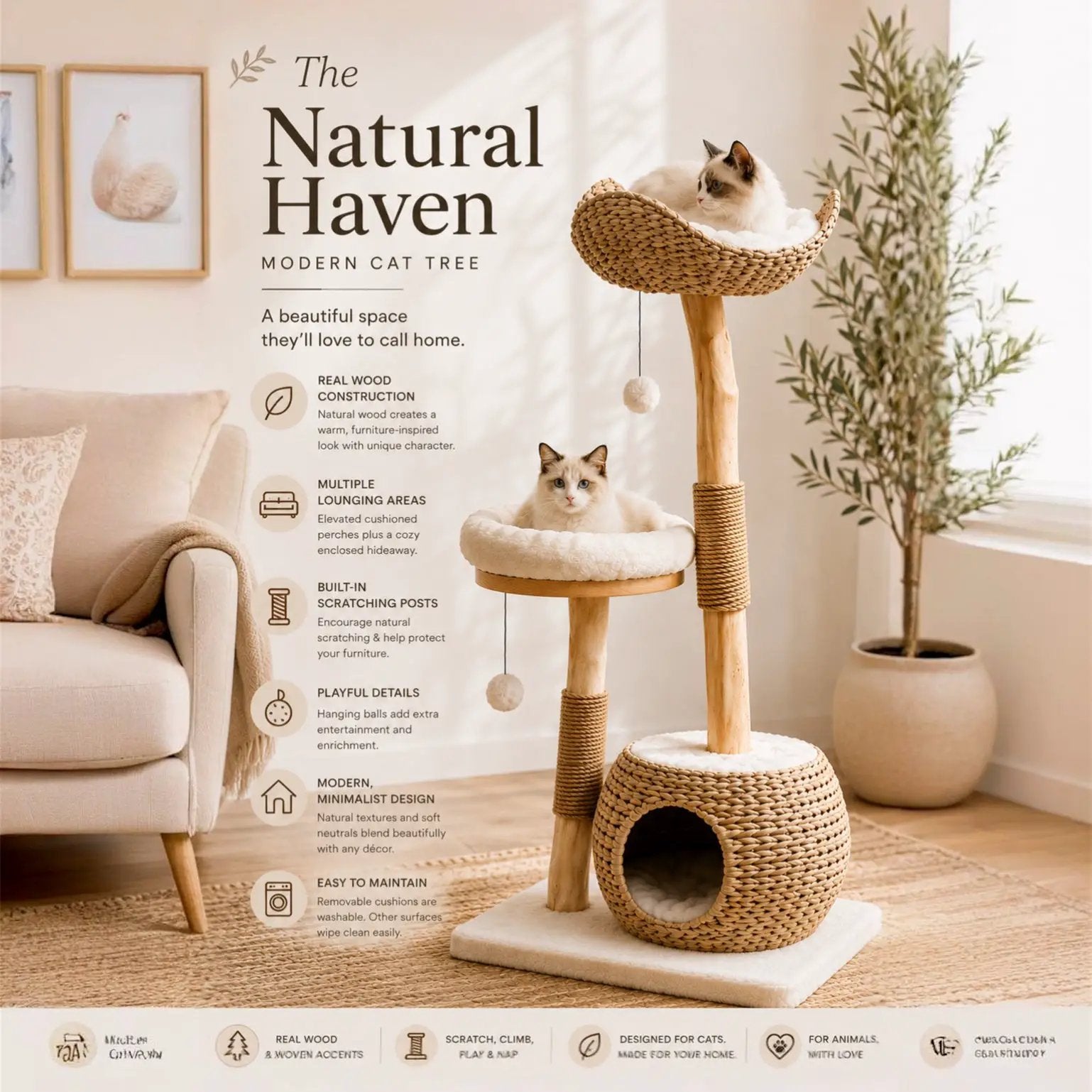 The Natural Haven Modern Cat Tree by For Animals, With Love; natural wicker with two cats lounging on the perches.