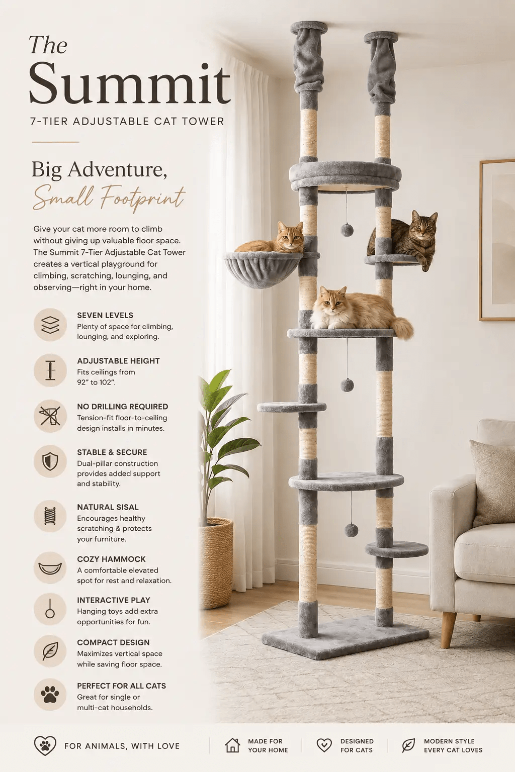 The Summit 7-Tier Adjustable Cat Tower by For Animals, With Love in grey and beige plush with sisal-wrapped posts.
