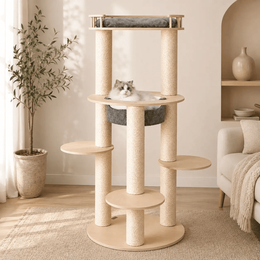 Grauer 5-stufiger 59-Zoll-Katzenbaum aus Holz mit gepolsterter Sitzstange und Sisalseil
