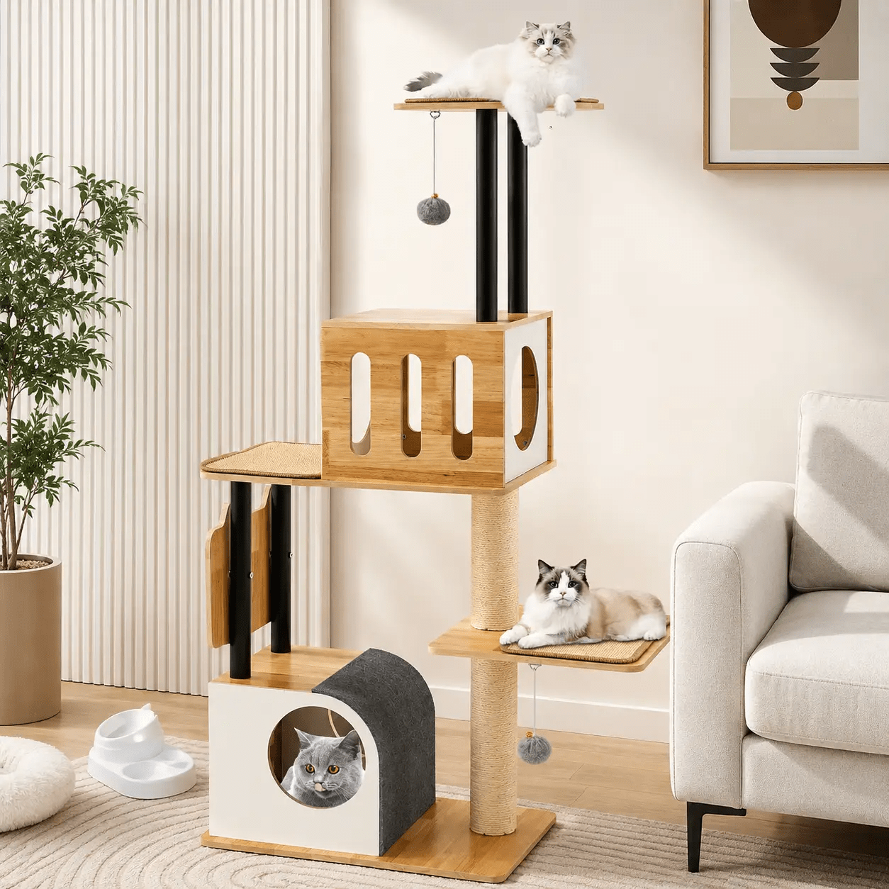 Moderner hoher Katzenkratzbaum mit doppelten Höhlen, Sisalteppichen und natürlicher Belüftung