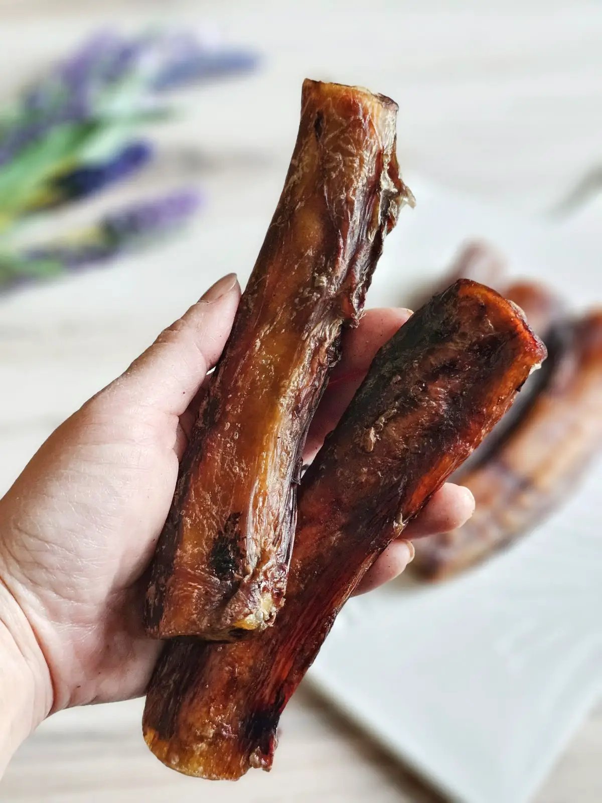 Beef pizzle sticks, dried brown; several short sticks held in hand