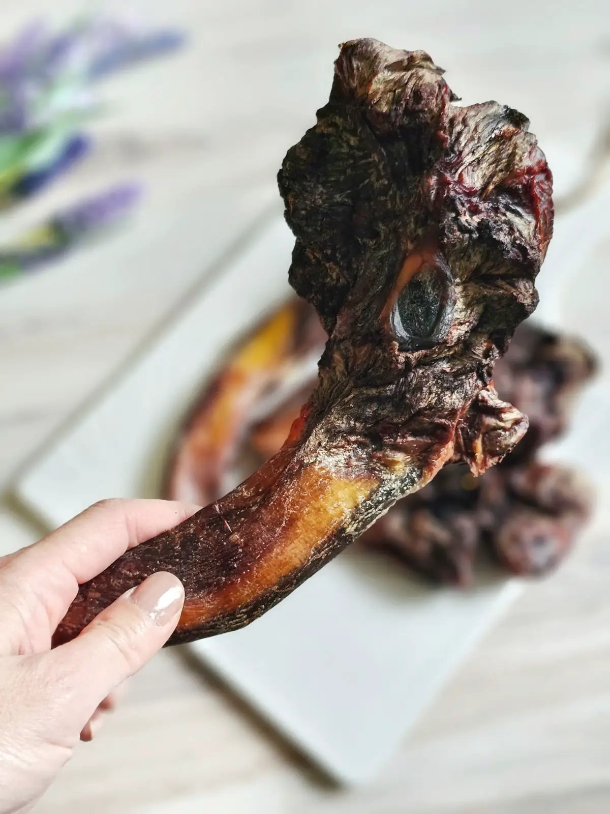 Beef Pizzle sticks (short) by Naked Beasts, Limited Edition; dark, dried dog chew.