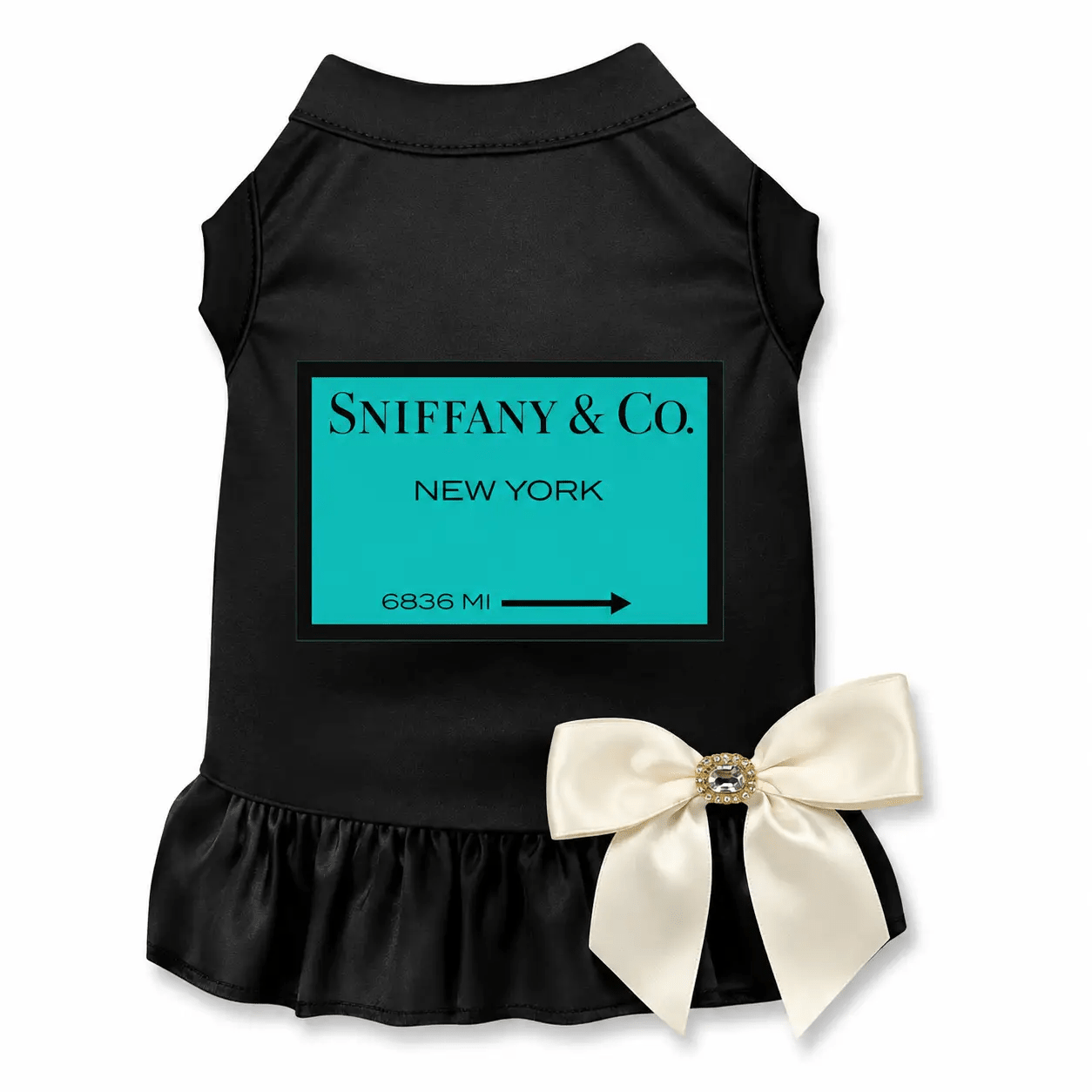 Sniffany Little Black Dress dog dress by Sniffany & Co.; black satin with a cream bow