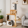Load image into Gallery viewer, Westbrook Cat Tower with natural wood finish, white panels, black posts, hanging ball toy, and three cats.
