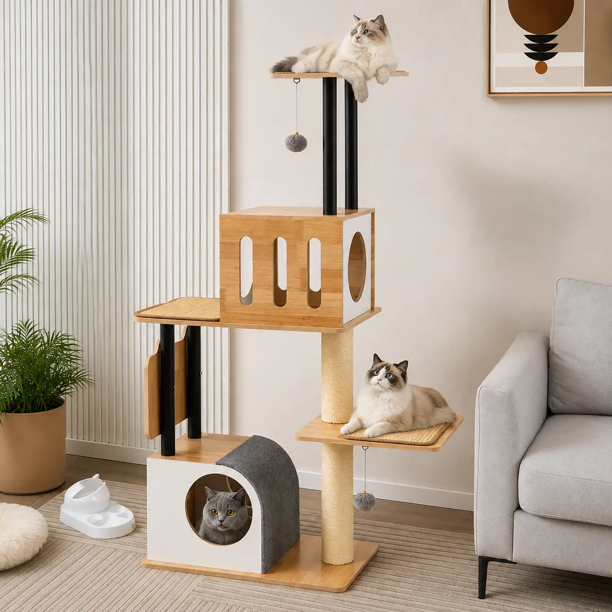 Westbrook Cat Tower with natural wood finish, white panels, black posts, hanging ball toy, and three cats.