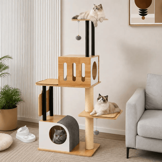 Westbrook Cat Tower with natural wood finish, white panels, black posts, hanging ball toy, and three cats.