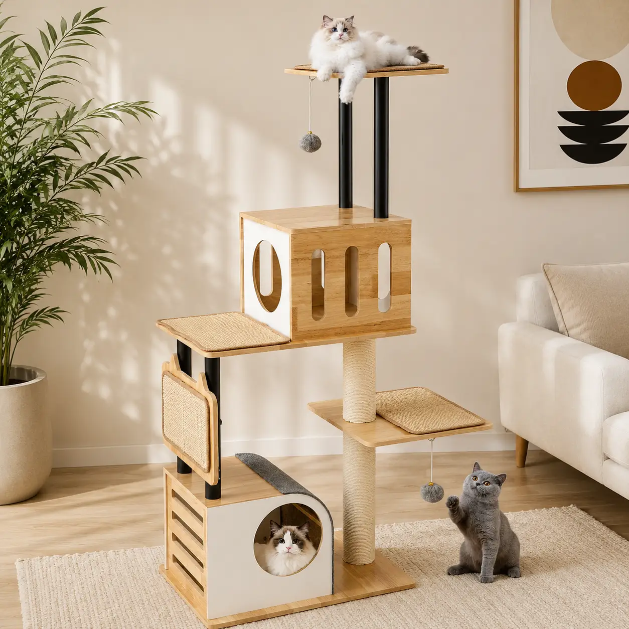 The Westbrook Cat Tower by DirectDeals; wooden cat tree with beige panels and two cats.