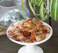 Load image into Gallery viewer, Shrimp on a white pedestal plate; cooked, reddish-brown shells.
