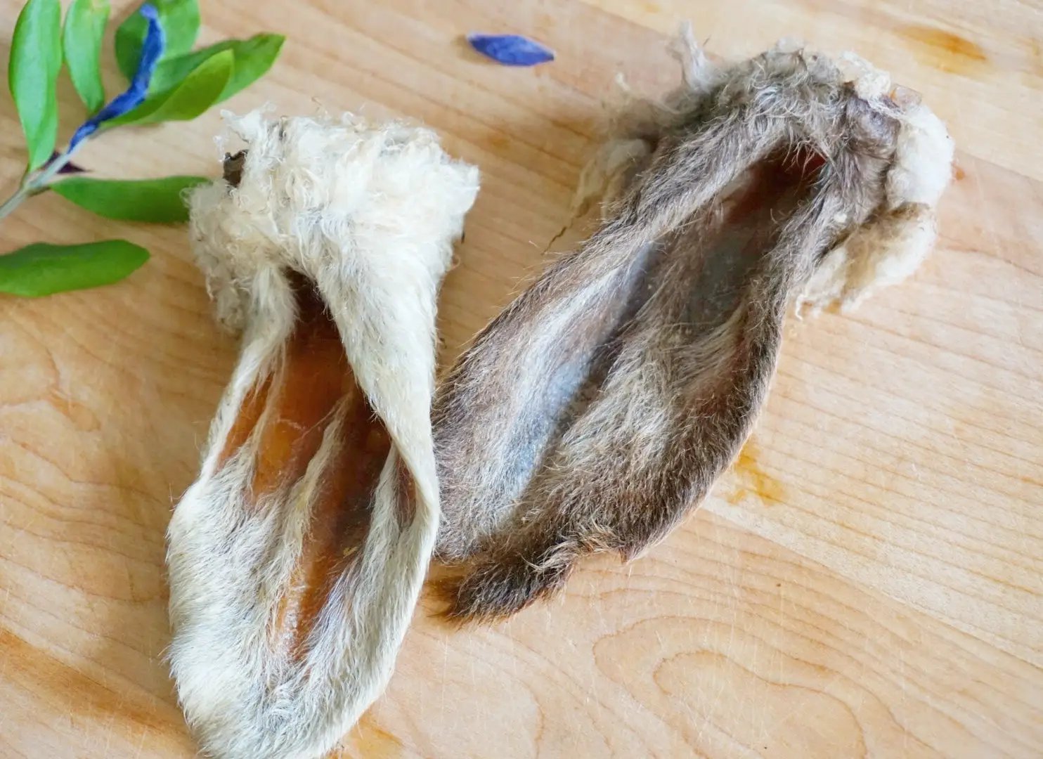 Lamb ears, furry and non-fur textures, two pieces on a wooden board