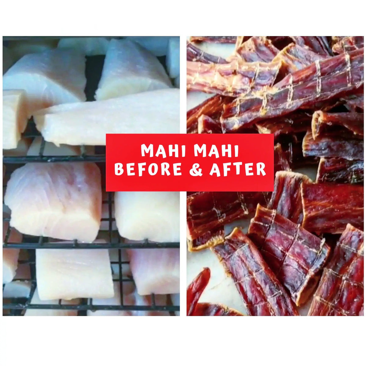 Mahi Mahi fillets (Wild Caught) on left and dried Mahi Mahi slices on right by Naked Beasts