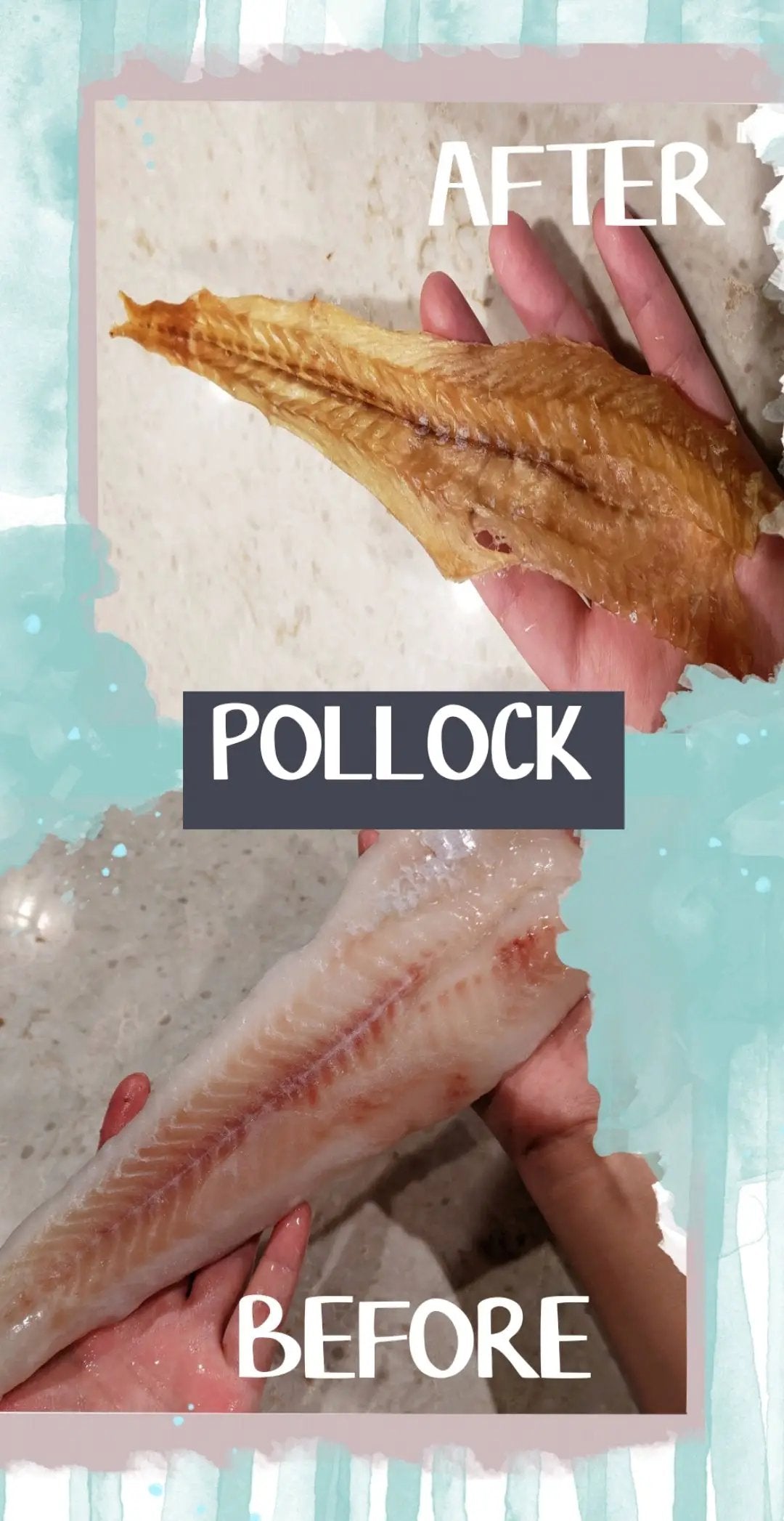 Pollock fillet by Naked Beasts, wild-caught, shown in before/after collage