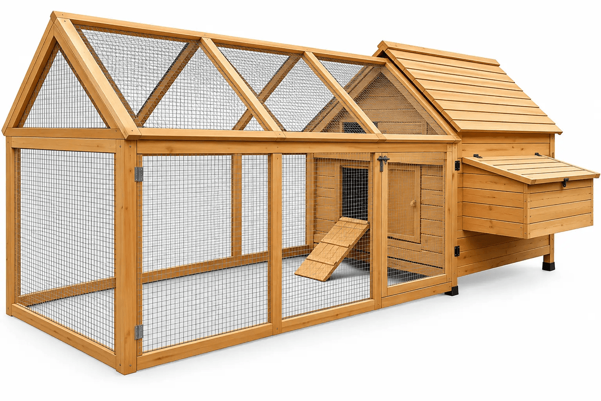 Solid fir wood outdoor chicken coop with run; wire-mesh enclosure and side nesting box.