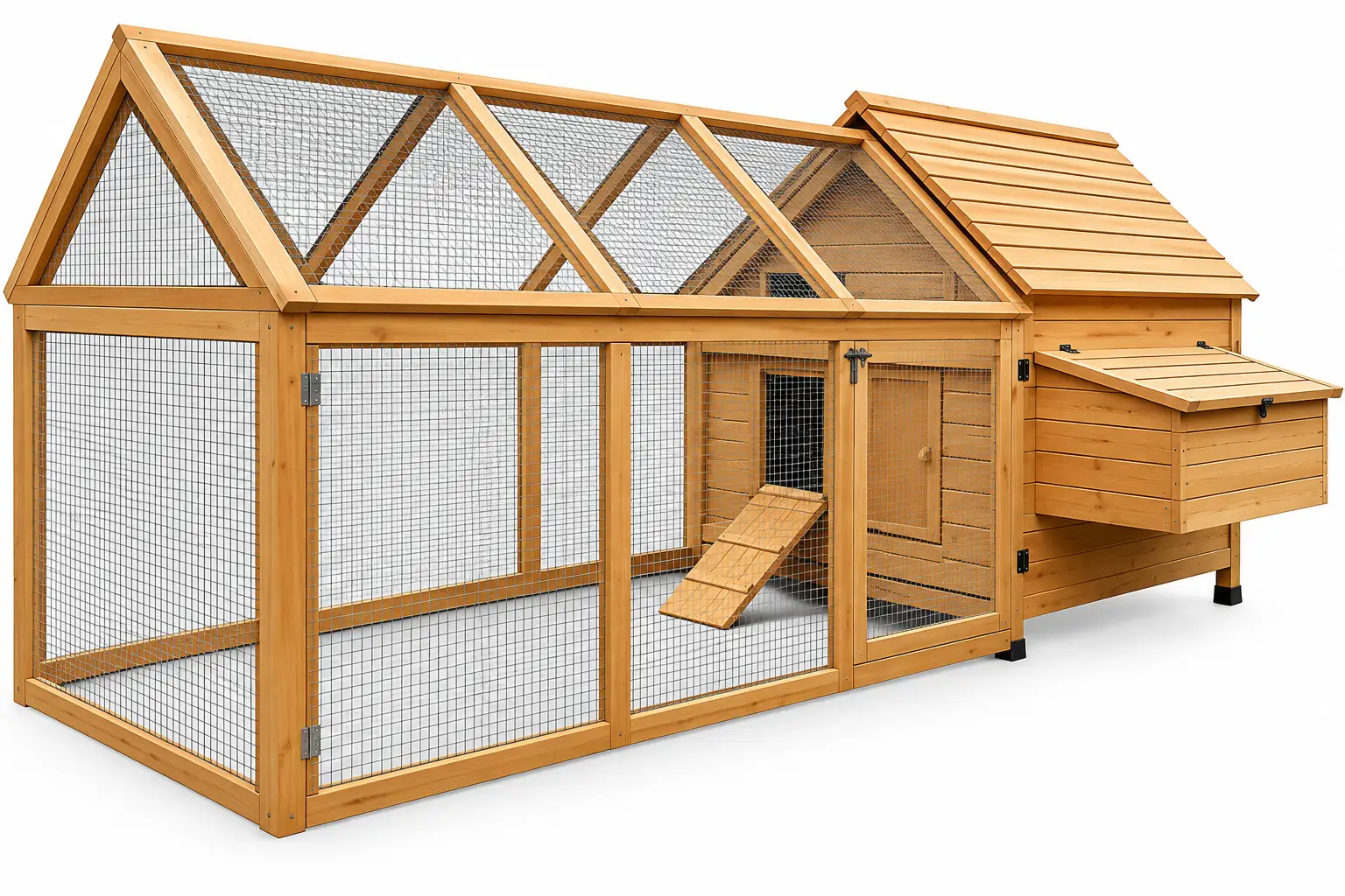 Solid fir wood outdoor chicken coop with run; wire-mesh enclosure and side nesting box.