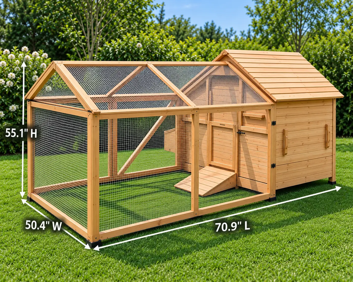 Solid Fir Wood Outdoor Chicken Coop With Run, natural wood finish.