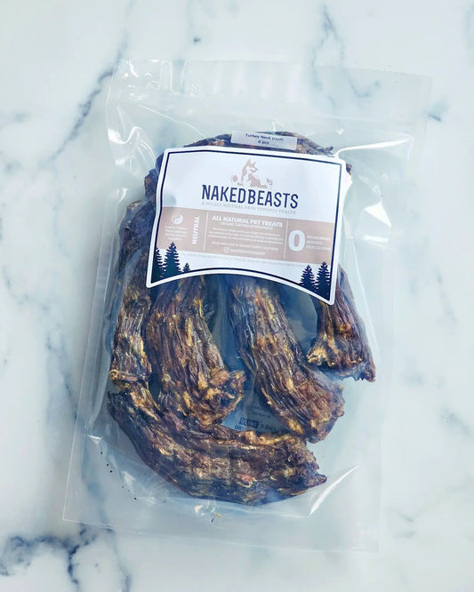 Turkey Neck (Half) from Naked Beasts, 6 pieces, dried all-natural pet treats in clear bag