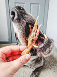 Load image into Gallery viewer, Chicken feet from Naked Beasts; raw orange-brown feet held by a hand near a dog's open mouth
