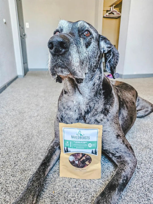 Beef Lips (Fat Trimmed) - Thin Cut by Naked Beasts, shown with a gray dog on a carpet.