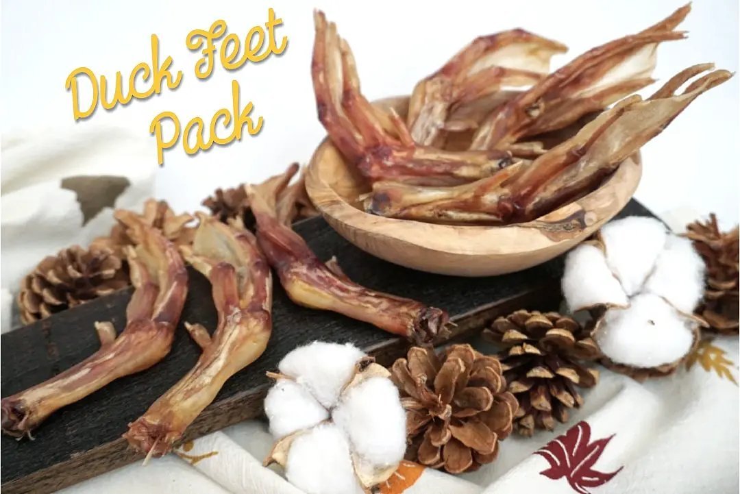 Duck Feet Pack, dried brown duck feet treats on a wooden board with pinecones