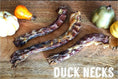 Load image into Gallery viewer, Duck Necks by Naked Beasts on a wooden board with small gourds; three pieces.
