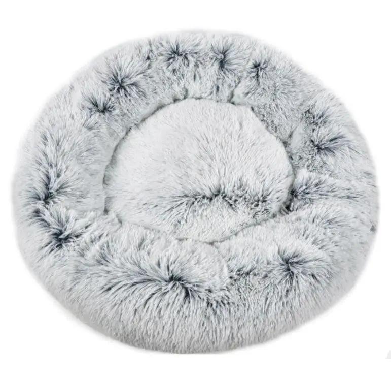 Mr. Peanut's OrthoPlush 28-inch round pet bed, ultra-soft pillow bed in snowflake white and gray faux fur.