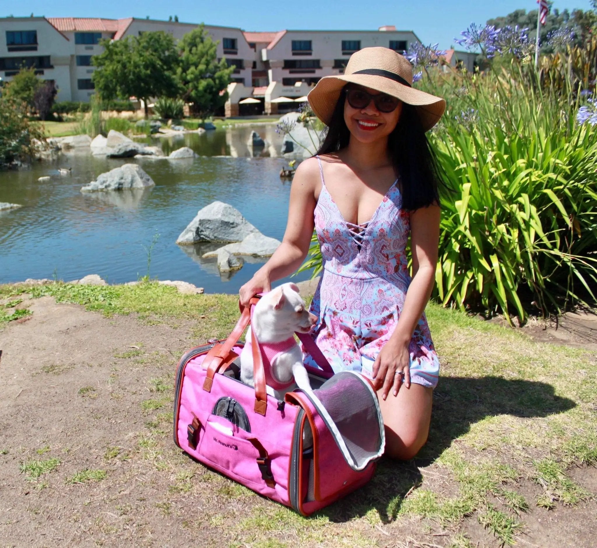 Mr. Peanut's Gold Series V2.0 Pet Carrier, pink, air-travel approved, with small dog inside.