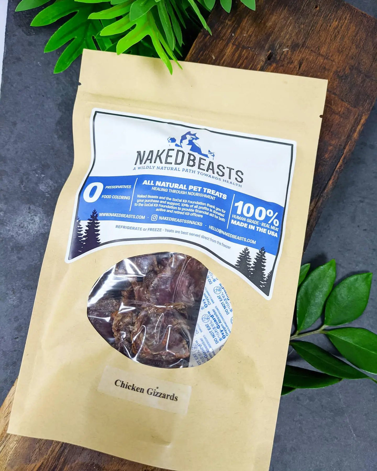 Chicken gizzards from Naked Beasts in a brown kraft bag with a clear window