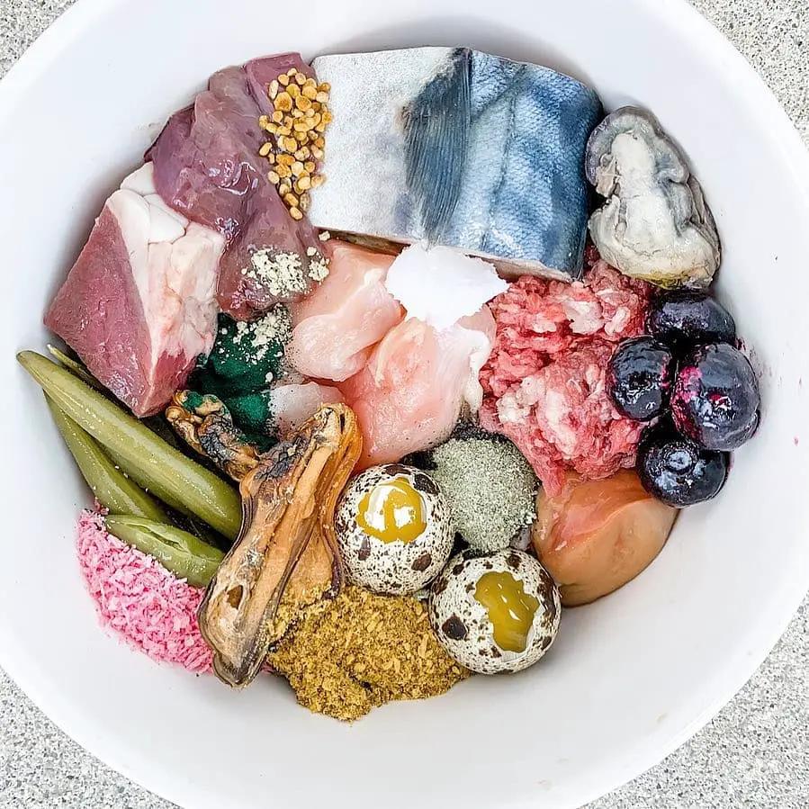 Green Lipped Mussels, Naked Beasts small animal treats; assorted raw pieces in a white bowl.
